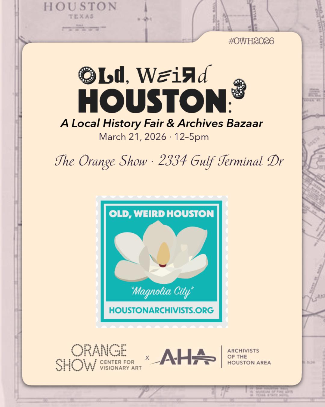 We’re so excited to join @houstonarchivists and @orangeshow at Old, Weird Houston this Saturday, 3/21 from 12–5!

Join us for a look at some of the city’s more unusual stories, overlooked history, and unexpected details that make Houston what it is.

Bring a friend and come explore with us. We’d love to see you there! 

#OWH2026 #Houston #HoustonHistory