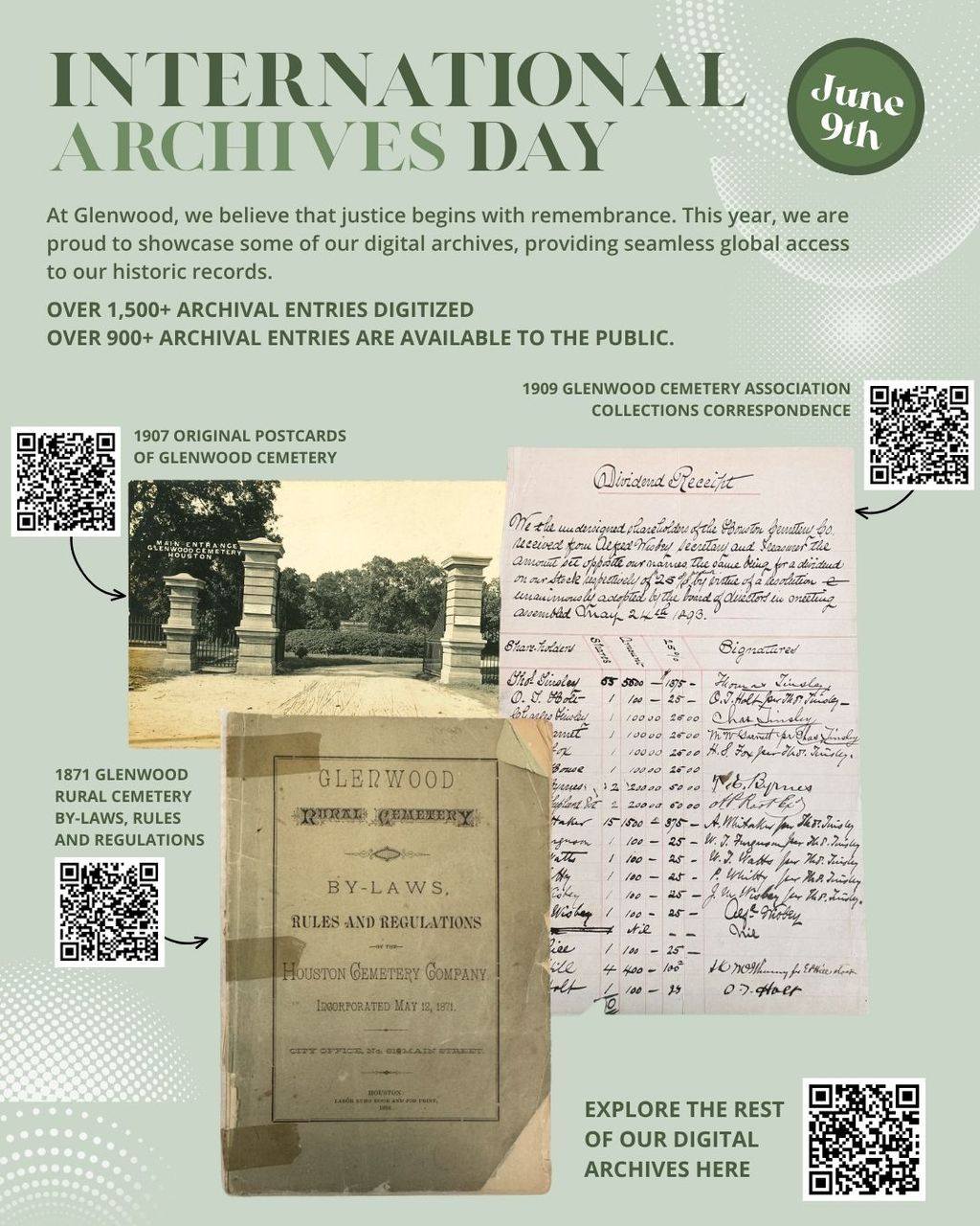 International Archives Day is celebrated on June 9th, marking the founding of the International Council on Archives (ICA) in 1948. This day emphasizes the importance of records management and long-term preservation.

At Glenwood, we believe that preserving the lived experiences of those who shaped Texas is a vital act of remembrance. To demonstrate our commitment to accessibility, we have achieved a significant milestone: migrating over 1,500 archival entries into our new digital collections management system over the past year.

By expanding digital access, we are ensuring that the subthemes of Accountability, Memory, Inclusion, Colonial Legacies, and Future Justice are more than just concepts; they are central to our daily work.

Explore Glenwood's history through our digital archives today!

#glenwoodcemetery #archivesforjustice #internationalarchivesday #iaw2026 #digitalarchives #internationalcouncilofarchives #archives #history #houston
