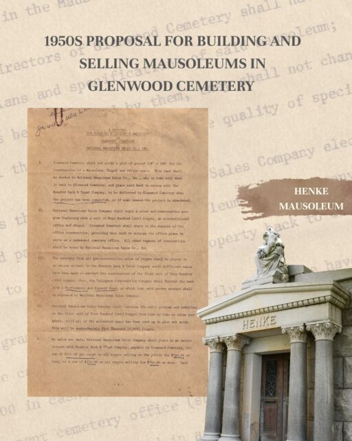 In the late 1800s, above-ground mausoleums became popular in American cemeteries, but Glenwood Cemetery's board was dedicated to preserving its serene open hills and beautiful landscape. �  Over the years, Glenwood turned down several proposals for community mausoleums, including a tempting $500,000 offer in 1938, as they prioritized their commitment to non-profit values. �  In April 1950, a new proposal emerged from the National Mausoleum Sales Co., Inc., in partnership with a Houston construction company. They suggested a grand 5,000-crypt complex, starting with 400 air-conditioned crypts, alongside a chapel and office space, offering Glenwood $687,500 in cash plus ownership of the chapel. �  Despite this enticing offer and the backing of a reputable firm, Glenwood chose to uphold its focus on traditional ground burials and the beauty of its natural surroundings. 🌿🍃 � 
Swipe to view the original 1950 proposal document and some mausoleums at Glenwood! � 

#GlenwoodCemetery #HoustonHistory #Architecture #Mausoleums #FuneraryArt #CemeteryHistory #HTX #ArchivalFinds